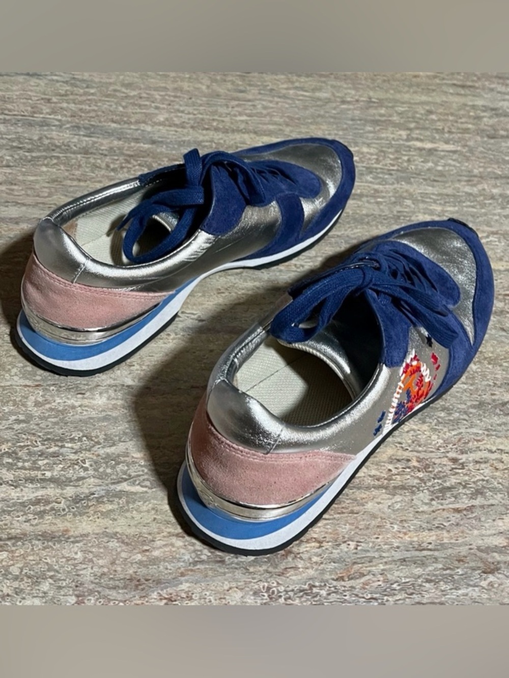 Tory Burch Silver/ Navy/ Sea Victorian Brielle Leather & Suede Sneakers - Picture 6 of 15